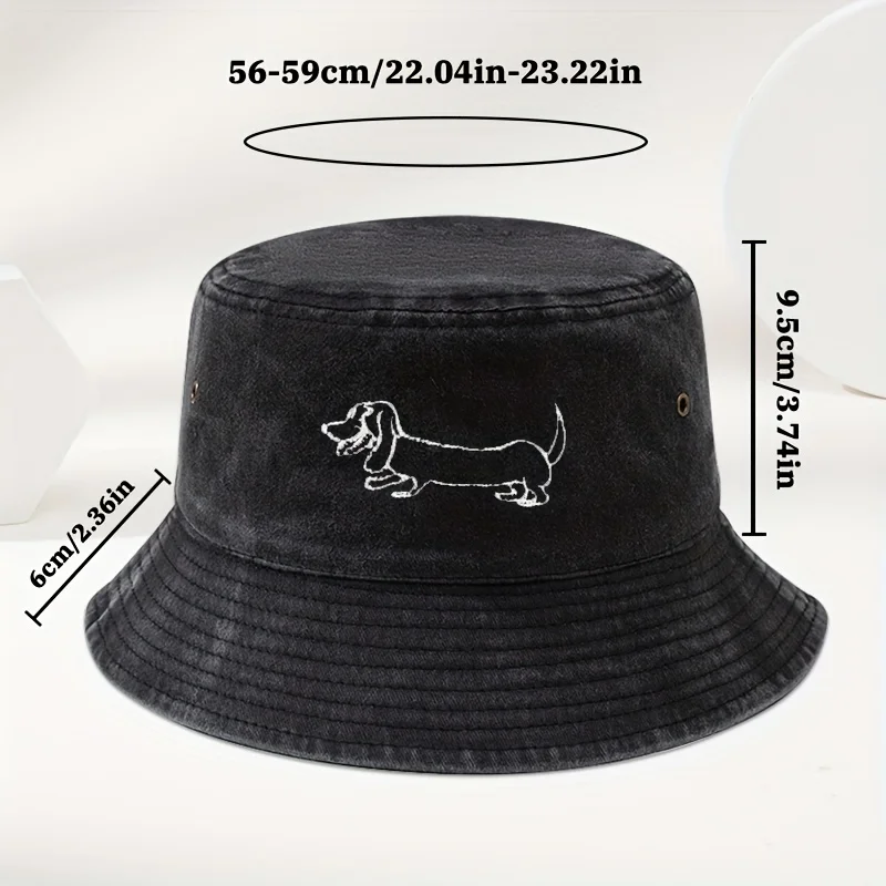 Vintage Washed Bucket Hat with Whimsical Long-Legged Dog Embroidery - Men's Adjustable Black Bucket Hat, Suitable for Outdoor Travel and Fishing, Machine Washable, Casual Headwear, Stylish Headwear, Durable Headwear