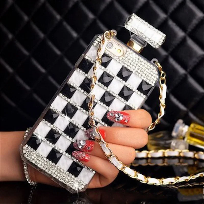 Diamond Perfume Bottle Phone Case with Rhinestone Chain, Luxury Glitter Bling, DIY, for iPhone 15, 14, 16, 12, 13 16Pro