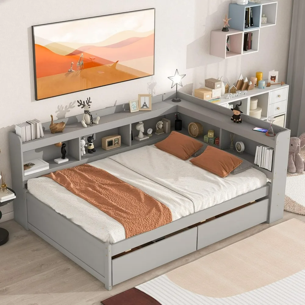 

Storage Bed Frame, with Bookcase Headboard, Daybed with Bookcase & Drawers, Wood Daybed with Study Desk and Storage Shelves