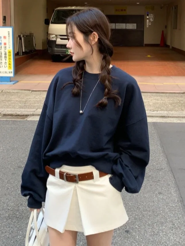 

Ele Autumn Winter Loose Fit Long Sve Sweatirt High Waist Pleated Skirt Women's Faion Ensemble Casual Chic Sle