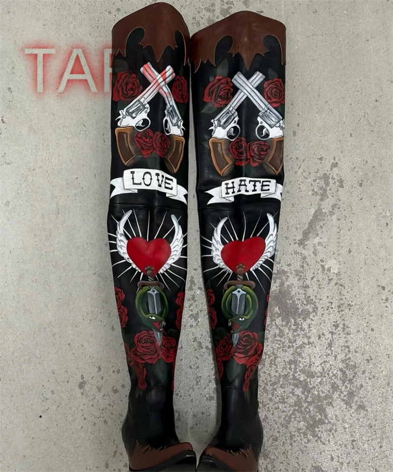 Autumn Winter Cowgirl Boots Pointed Toe Chunky Heels Thigh High Boots Rose Print Western Cowboy Boots 2025 New Botas De Mujer