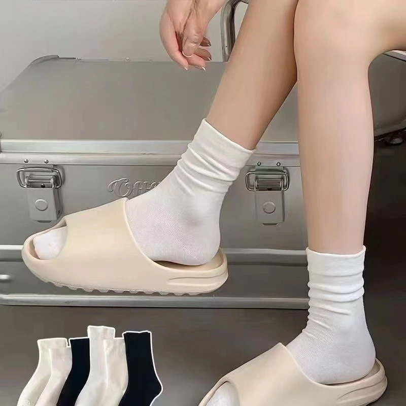 6 pairs of women's white autumn mid tube socks, simple solid color pile socks, outdoor casual socks