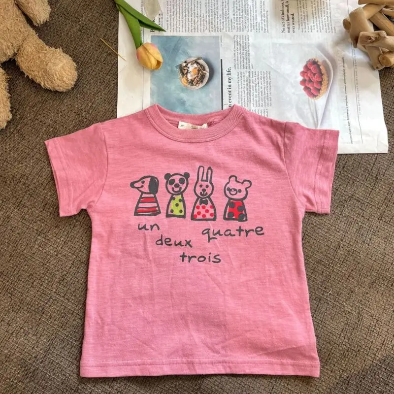 2024 New Summer Girls Pullovers Short Sleeve Crew Neck Playful Cartoon Stylish Loose Sweet Casual Letter Pure Cotton T-shirt Top