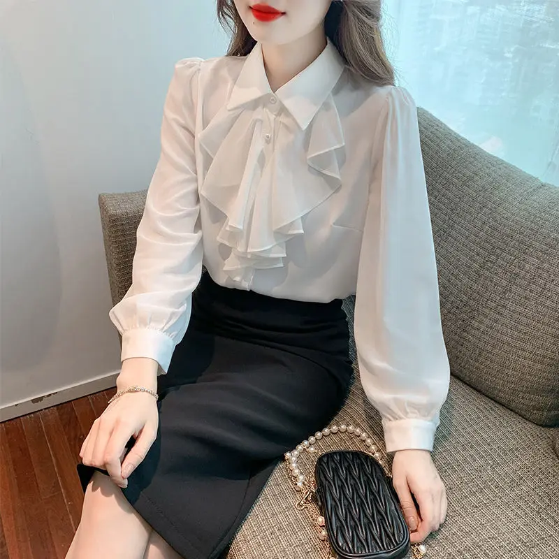 2023 Autumn and Winter Fashion New Commuter Women\'s Top Splice Button Ruffle POLO Collar Long Sleeve Solid Color Casual Shirt