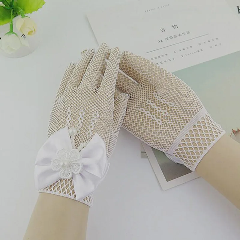 1 Pair Girls Kids White Lace Faux Pearl Fishnet Gloves Communion Flower Girl Bride Party Ceremony Accessories Fishnet Gloves