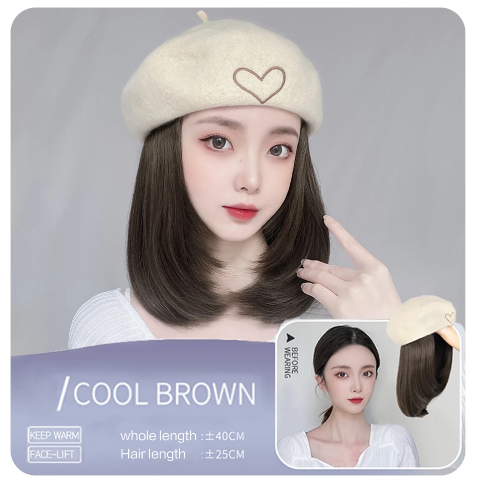 Synthetic Hat Wig Hair Extension Straight BOB Hair Wig With Cap Beret Hat Wigs For Women One Piece Wig Caps Heat Resistant Wire