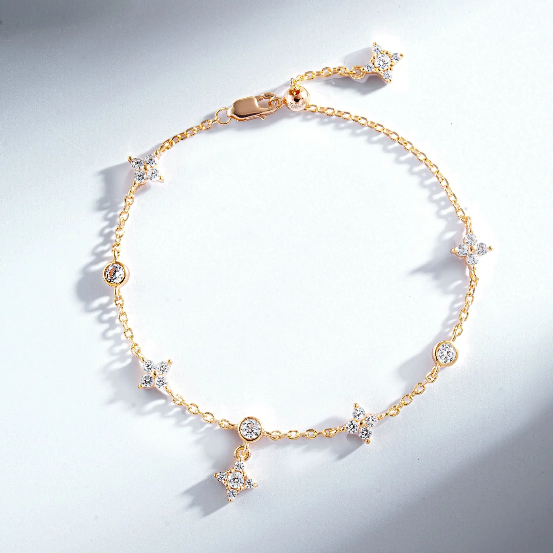 

S925 sterling silver bracelet women's versatile star quadrangle full diamond zircon adjustable bracelet