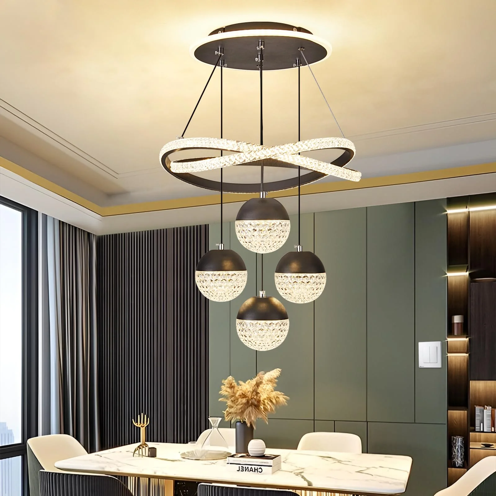الثريات الحديثة LED 3-Color عكس الضوء سقف معلق ضوء الارتفاع قابل للتعديل لغرفة الطعام غرفة نوم غرفة المعيشة أسود