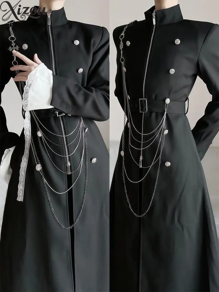 Japanese Dark Gothic Neutral Style Mid‑Length Trench Coat Stand Collar Shoulder Cosplay Outerwear Autumn Jacket Zipper Button