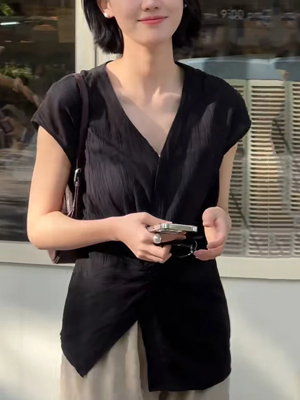 

Ele lectual High-End Unique Loose Feel V-Ne Beautiful Casual ort Sve T-irt Summer Gtuq Commute Sle Korean...