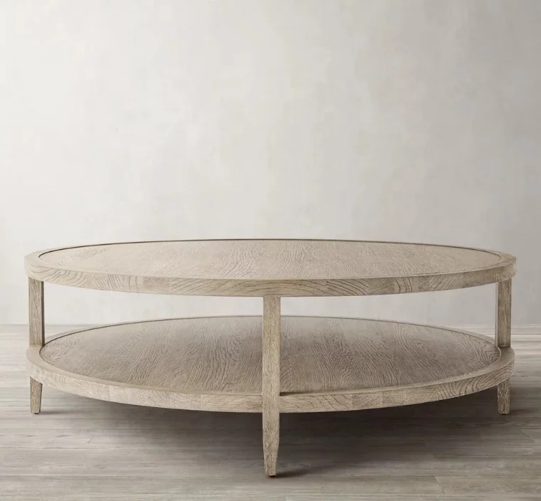 

Modern American solid wood round coffee table household furniture features an elegant wooden design