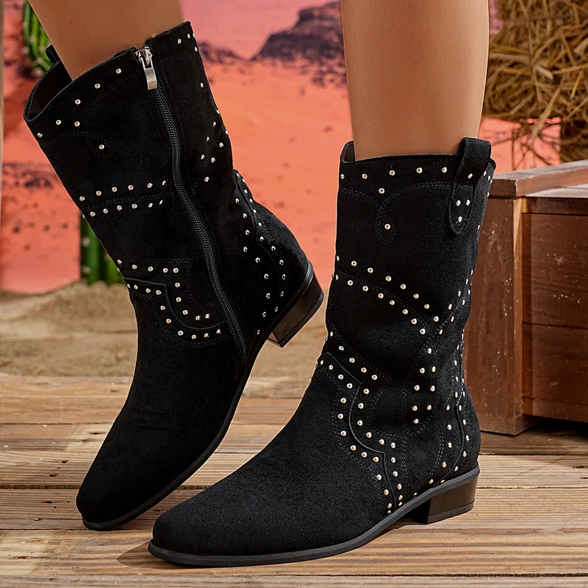 

Spring/Autumn 2026 New Retro Women's High Heel Short Boots Brown Studded Suede Thin Heel Pointed Toe Booties Knight Boots