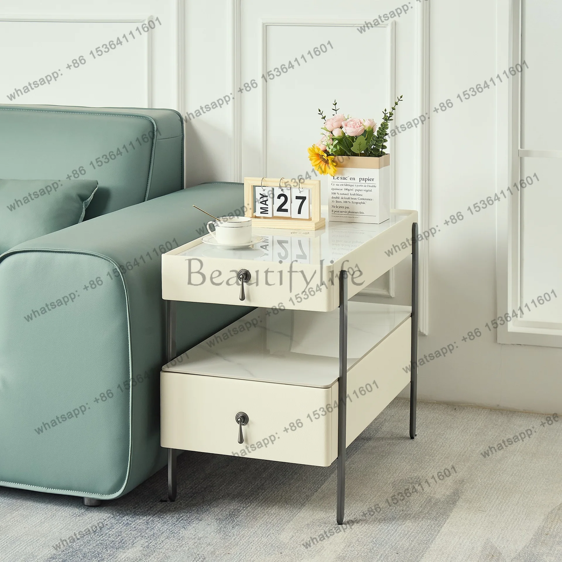 

Minimalist Sofa Side Cabinet Light Luxury Living Room Side Table Modern Simple Movable Corner Table Rock Board Storage