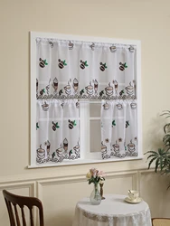 1PC Coffee Bean Embroidery Short Curtain, Coffee Shop Living Room Tulle Window Decorative Short Curtains Small Curtains