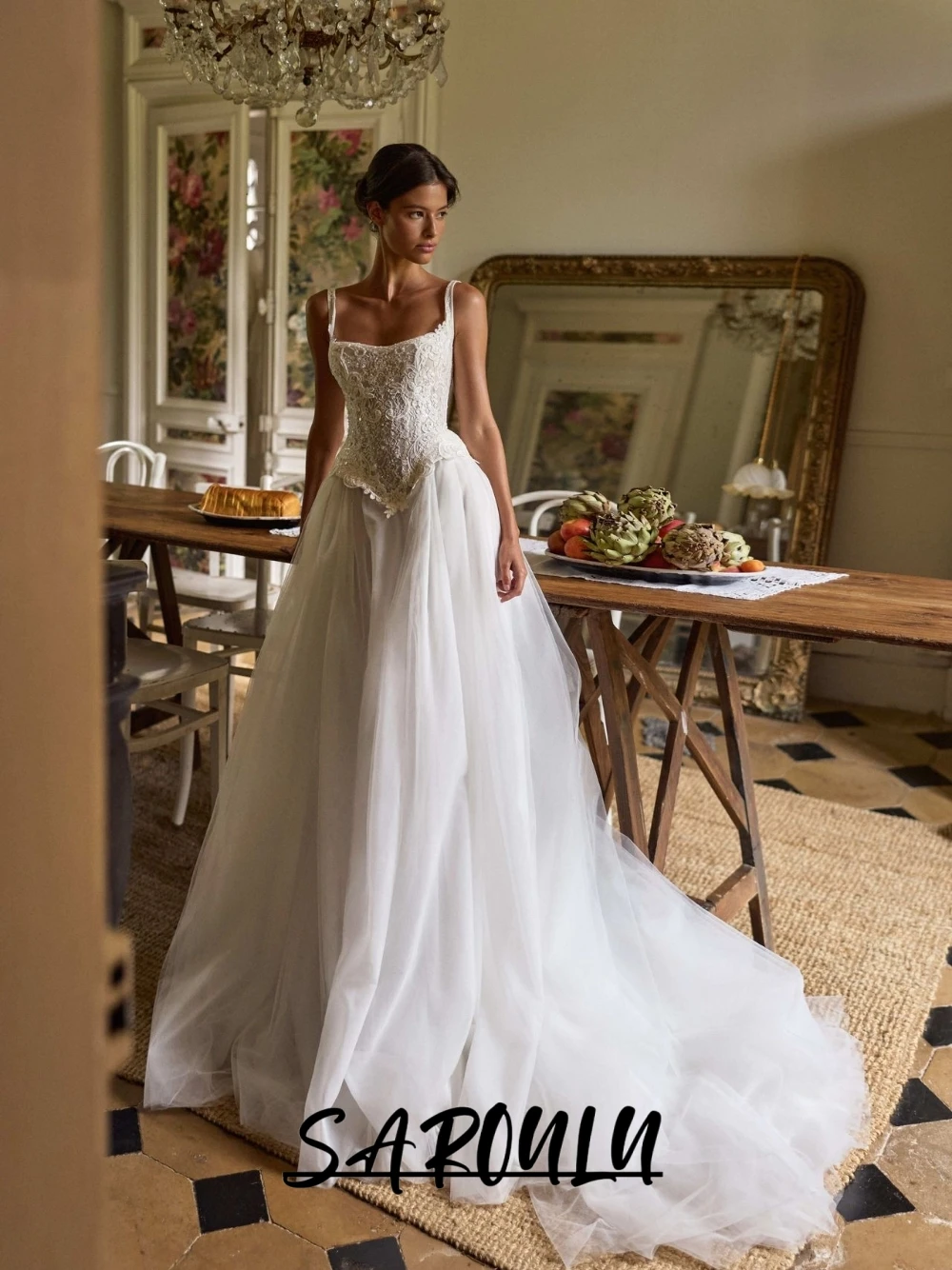 

Romantic Light Tulle A Line Wedding Dress Vintage Lace Customized Square Neck Bridal Gown For Bride Ceremony New Arrival