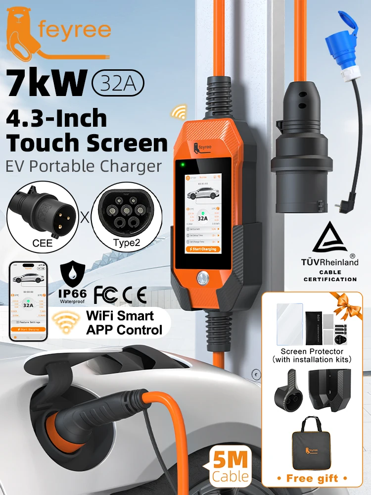 Feyree 4,3 Zoll Touchscreen Typ2 7kW 32A Einstellbares Tragbares EV-Ladegerät mit Adapter Smart APP WLAN-Steuerung für Elektroautos