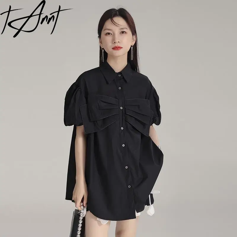 GetSpring Women Shirt 2024 Autumn Three Dimensional Bow Puff Sleeve White Blouse Fashion All Match Loose Casual Long Female Tops