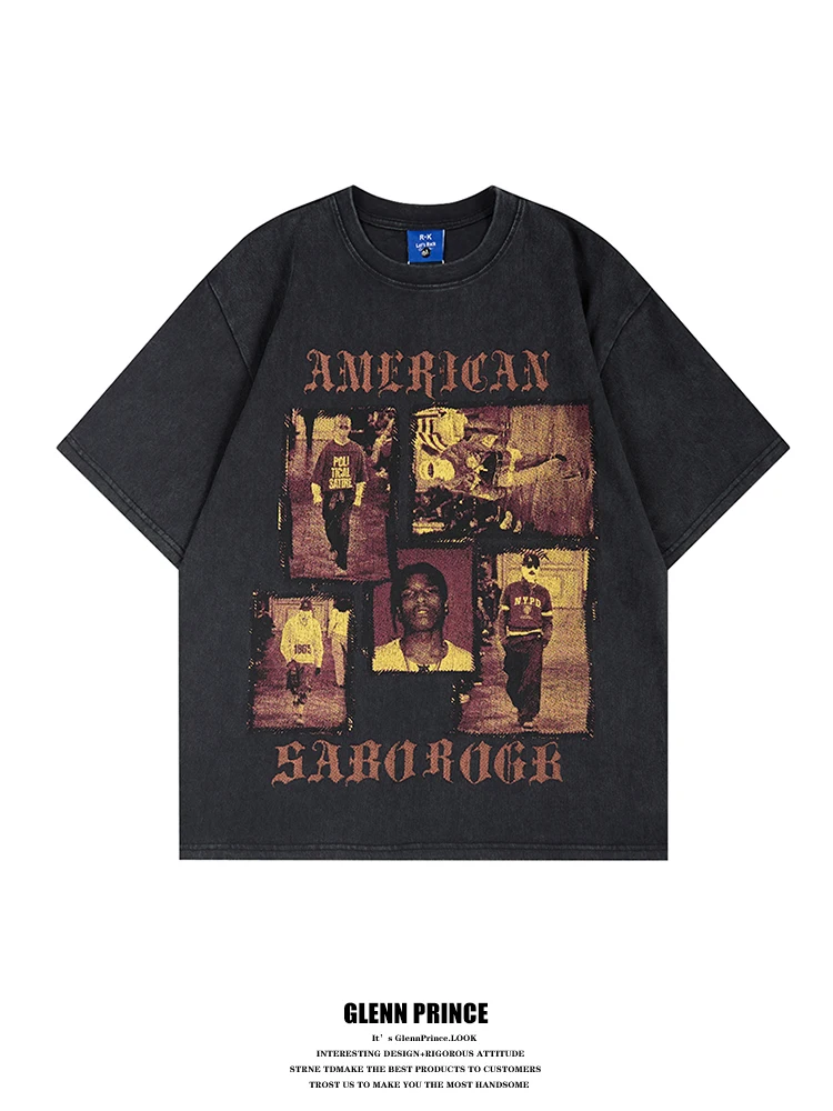 

GPstudio Retro Distressed Character Print Heavy Weight Pure Cotton Short Sleeve Men's T-shirt Summer Street Style Trendy Tee