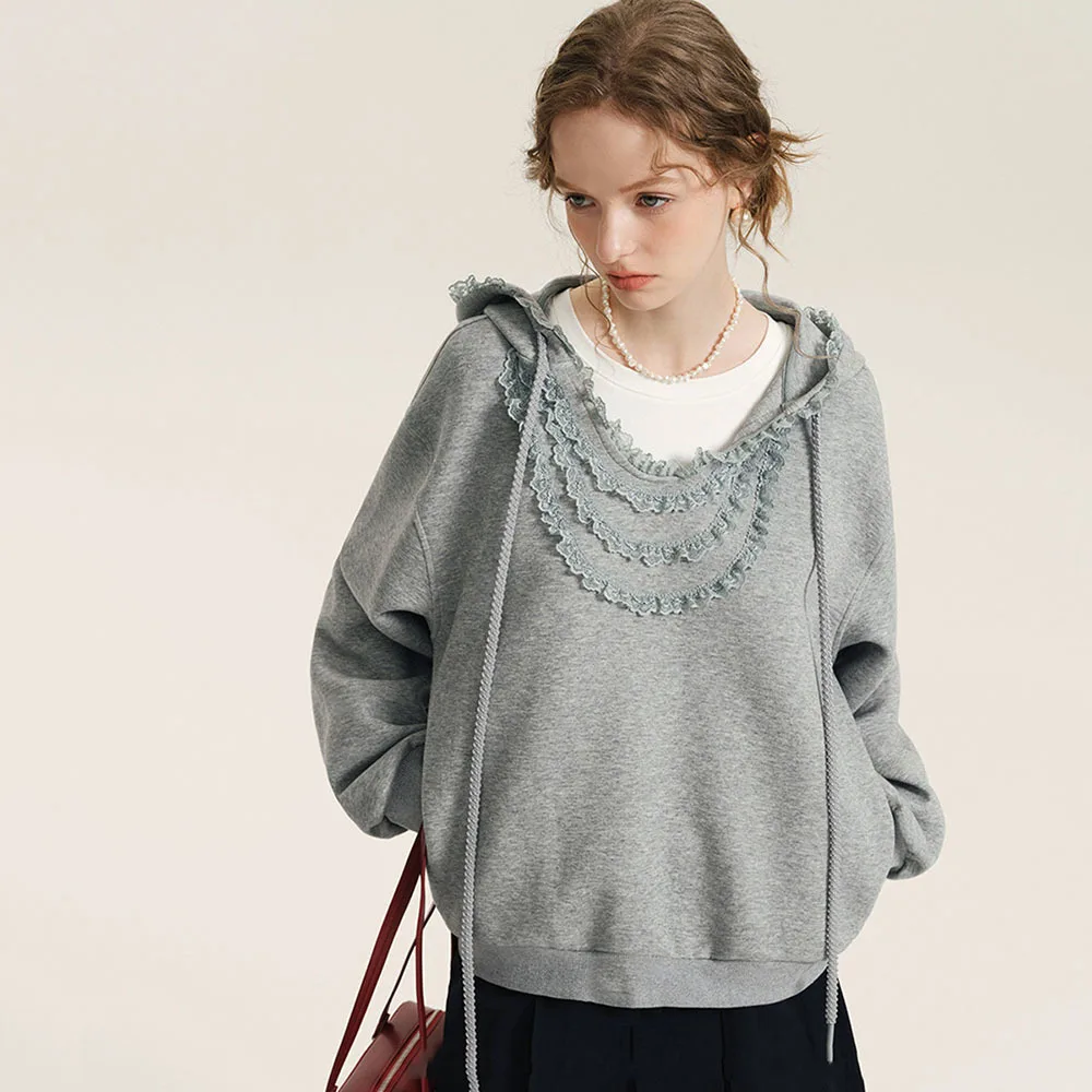 2025 novo cinza hoodie retro outono rendas splice moda topos estilo coreano y2k roupas mulher moletom feminino manga longa hoodies