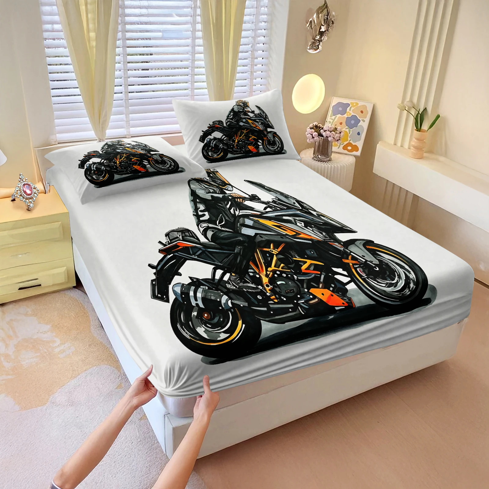 Cool Sports Superbike Rider Bedding Fitted Sheet 3pcs Black Orange Racing Motorcycle Graphic Elastic Mattress Protector for Men