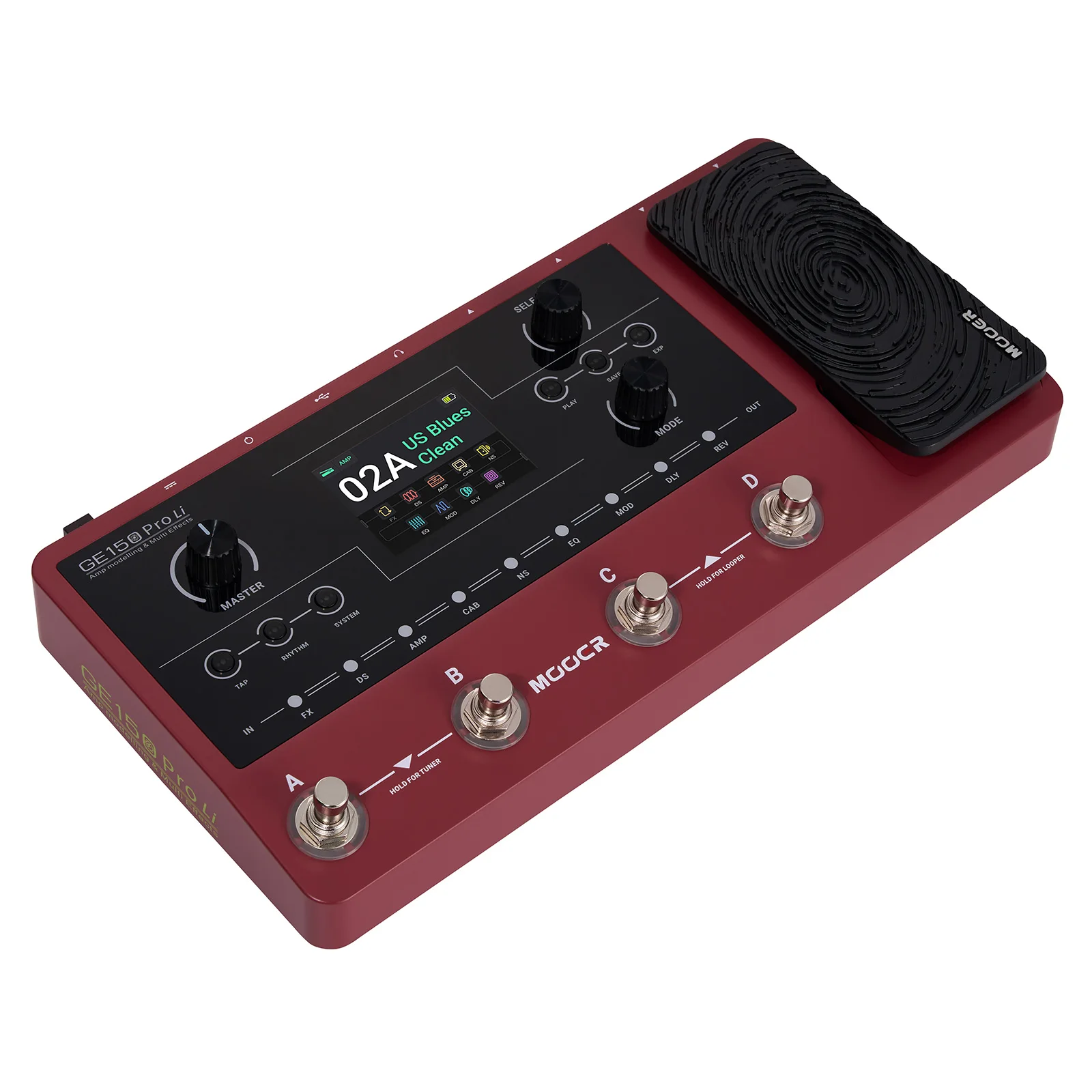 Mooer Ge150 Pro Li Red - 9Hr Battery Multi-Effects Pedal, 4 Footswitches, Ir Loader, Usb-C Interface, Portable Rig