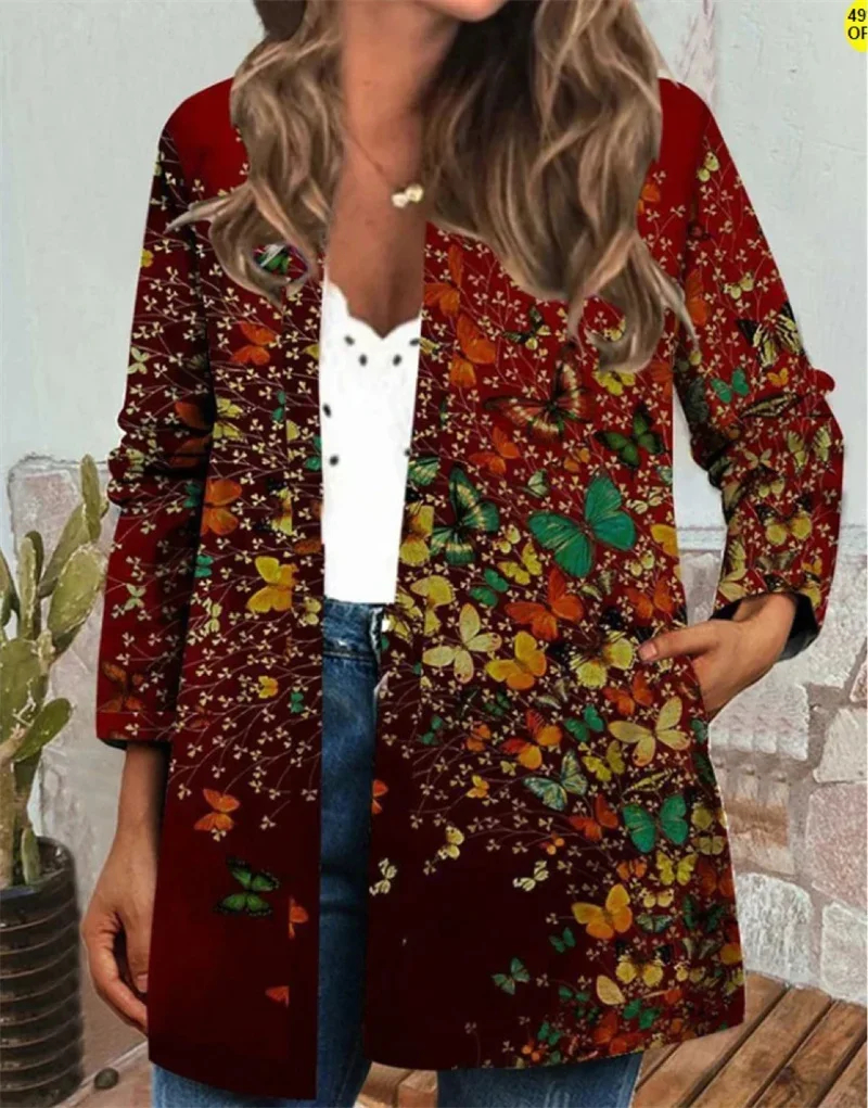 Vintage Ethnic Style Print Side Pockets Jacket Women Autumn O Neck Long Sleeve Outerwear Female Comfortable Casual Cardigan Coat