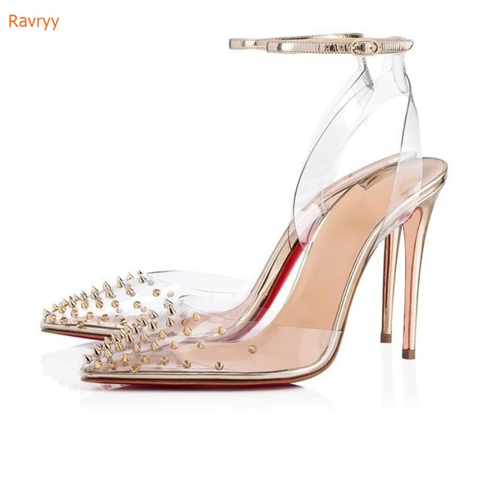 Women Sexy Summer Sandals PVC Rivet Pointed Toe Shoes Thin Heels Party Ankle Buckle Ladies Sandals 2024 Newest Slingback Shoes