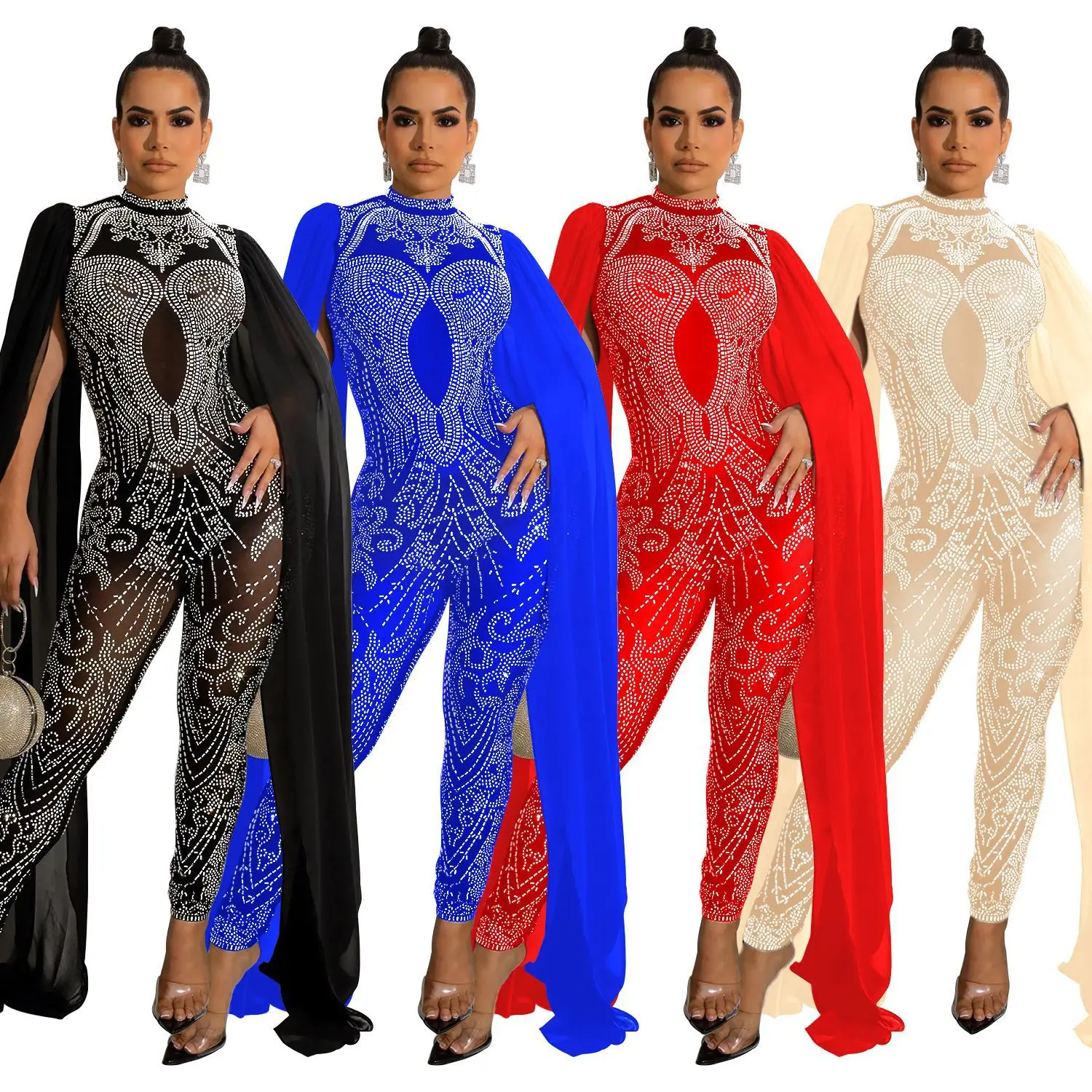 Sexy party club prom nightclub solid color hot diamond mesh see-through pants sleeveless shoulder cape jumpsuit