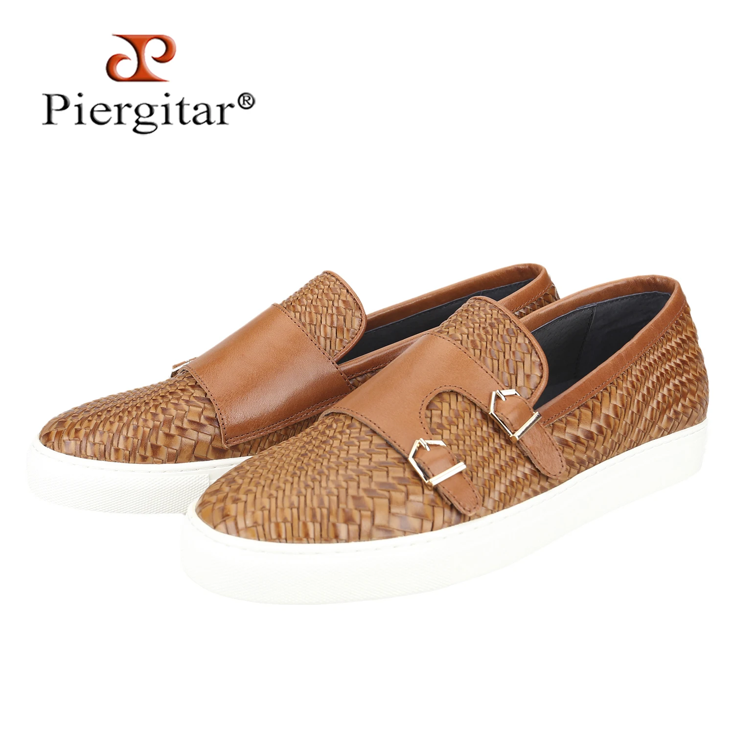 Piergitar Hand-Woven Calfskin Leather Monk Strap Men's Sneakers With Gold Buckles Classic Design Slip On Shoes Thick Rubber Sole