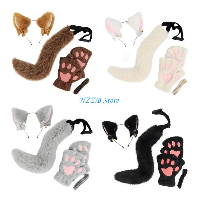 

T21F 3Pcs Halloween Cats Costume Accessories Includes Headband, Tail, Gloves, Animal Dress up Costume for Girl Cosplay