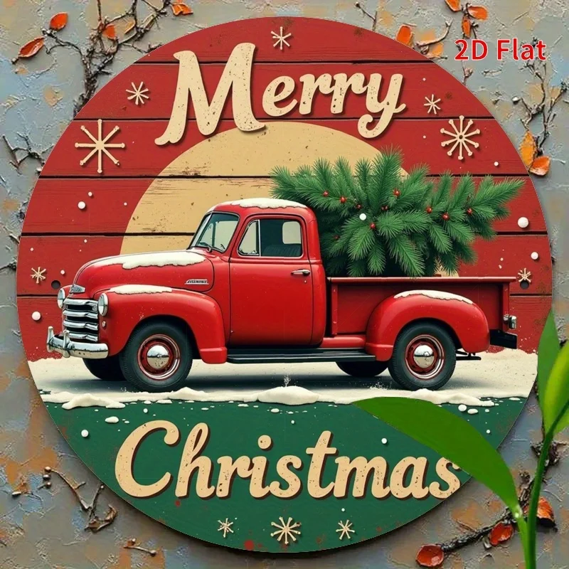لافتة معدنية مسطحة ثنائية الأبعاد، قطعة واحدة من ديكور جدار العطلة الدائري - شاحنة حمراء بتصميم شجرة عيد الميلاد، نص "عيد ميلاد سعيد"، ندفة الثلج الاحتفالية