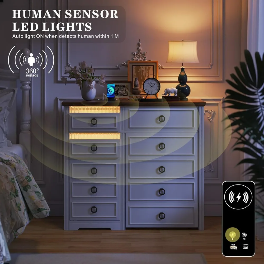 Туалетный столик со светодиодной подсветкой в стиле фермерского дома, ящиками для хранения, скрытым табуретом и зарядной станцией для макияжа и гардероба