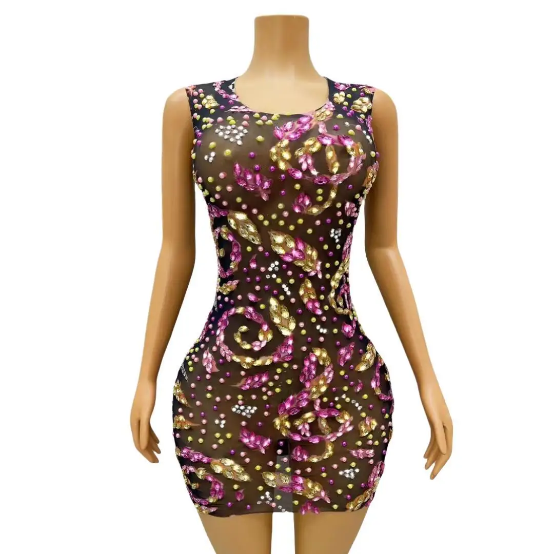 

New Colorful Shinning Diamonds Women Sleeveless Sexy Bodycon Mini Dress Nightclub Performance Costume Stage Wear Heiyu
