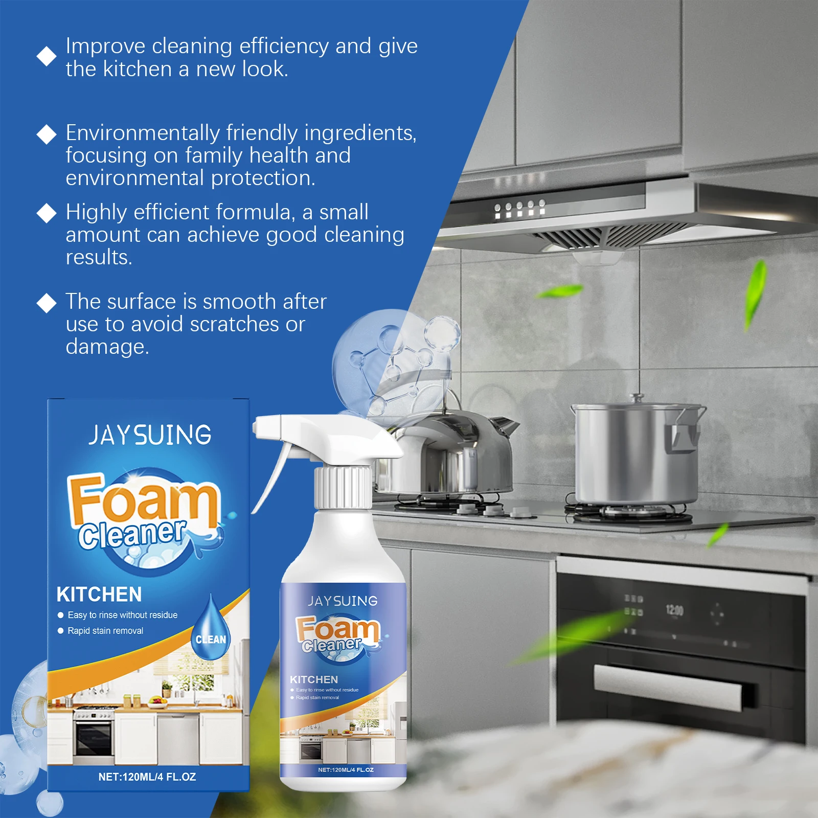 Limpiador de cocina Jaysuing, Spray de disolución rápida de manchas de aceite, limpieza de suciedad, pulido, restauración de utensilios de cocina, brillo, limpiador de espuma de cocina