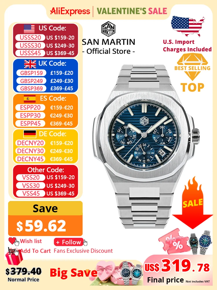 

San Martin 43mm Miyota 9120 Multi-function Men Luxury Dress Watch Waffle Texture Dial Business Automatic Mechanical 10Bar BGW-9