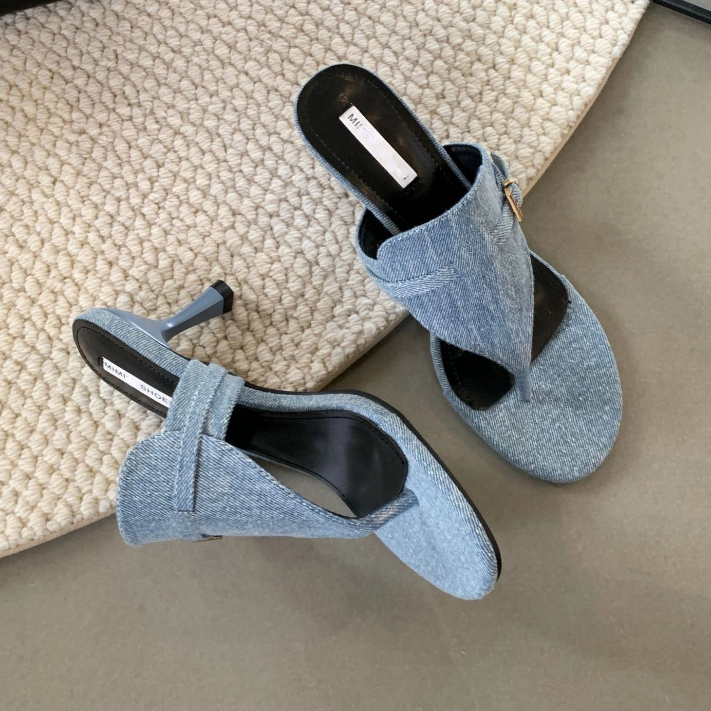 Cowboy Heeled Slippers Women Fashion Designer Sandals Female Round Head Open Toe Summer Stiletto Heel Jeans Flip Flops Women