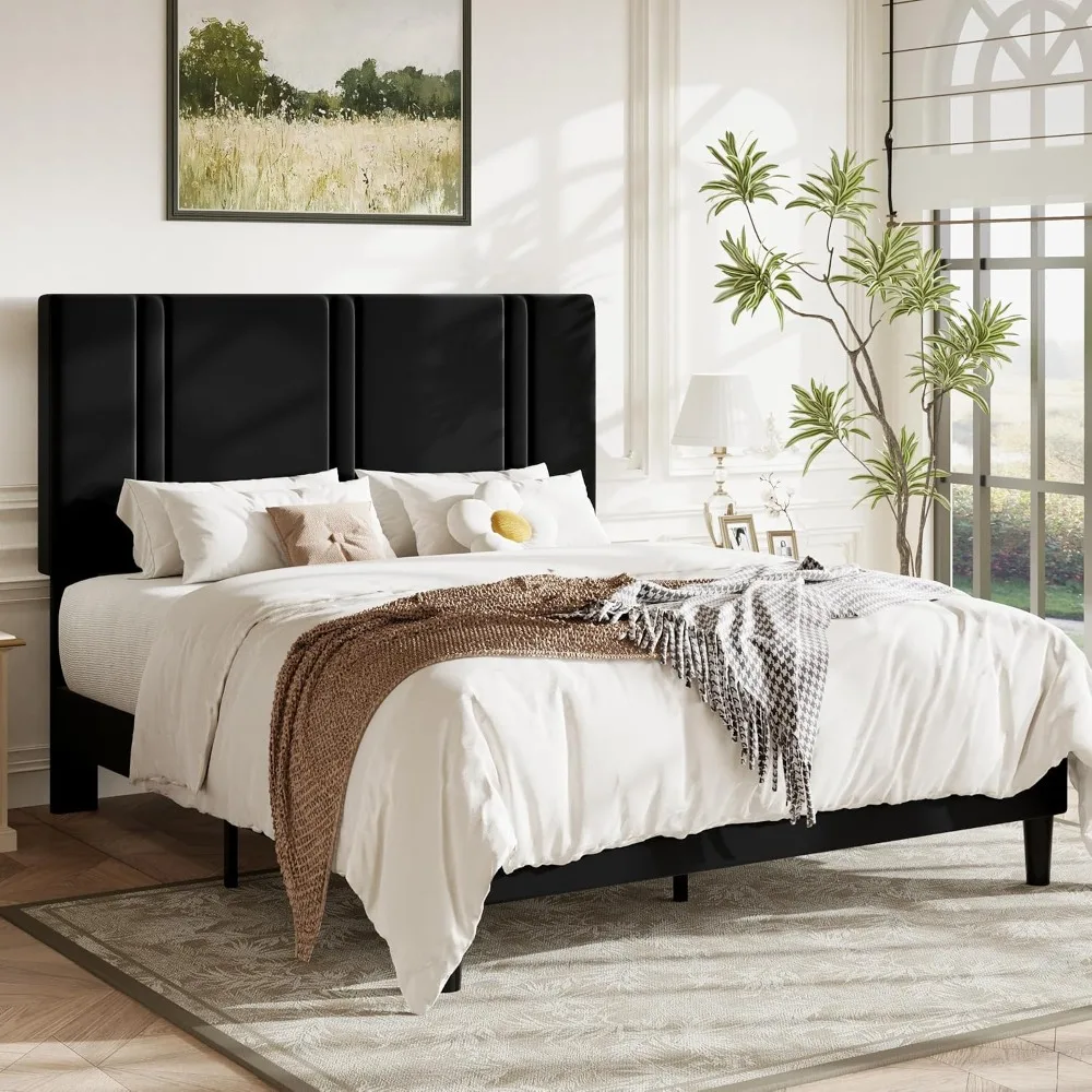 Queen Plush Velvet Platform Bed Frame & Adjustable Vertical Tufted Headboard,Sturdy Structure,Bedroom,Queen, Custom
