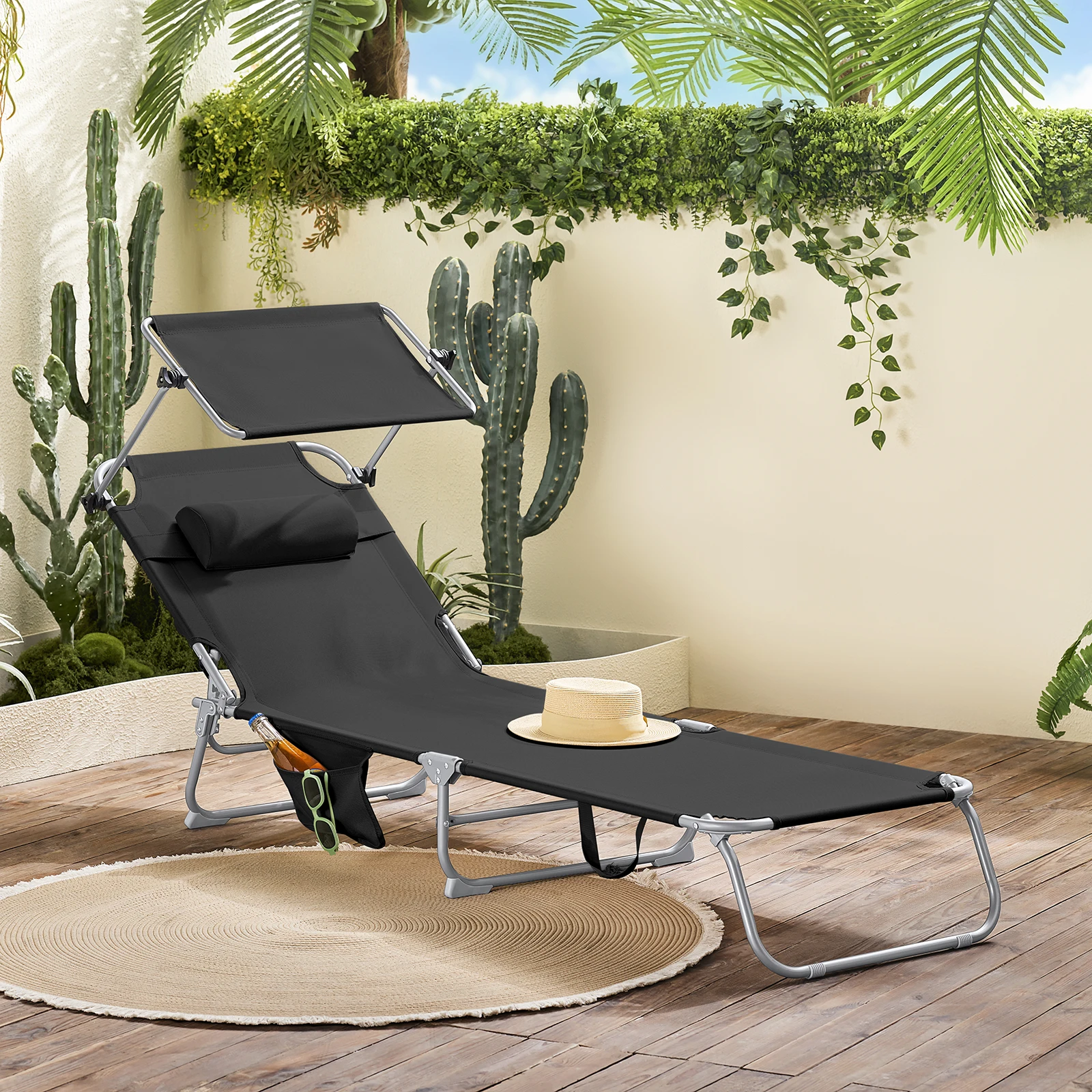 SoBuy OGS48 Tumbona Plegable de Jardín, Silla Playa con Parasol, Almohada y Bolsillo Lateral, Tumbona Reclinable para Patio, Camping, Playa, 155x56x81cm