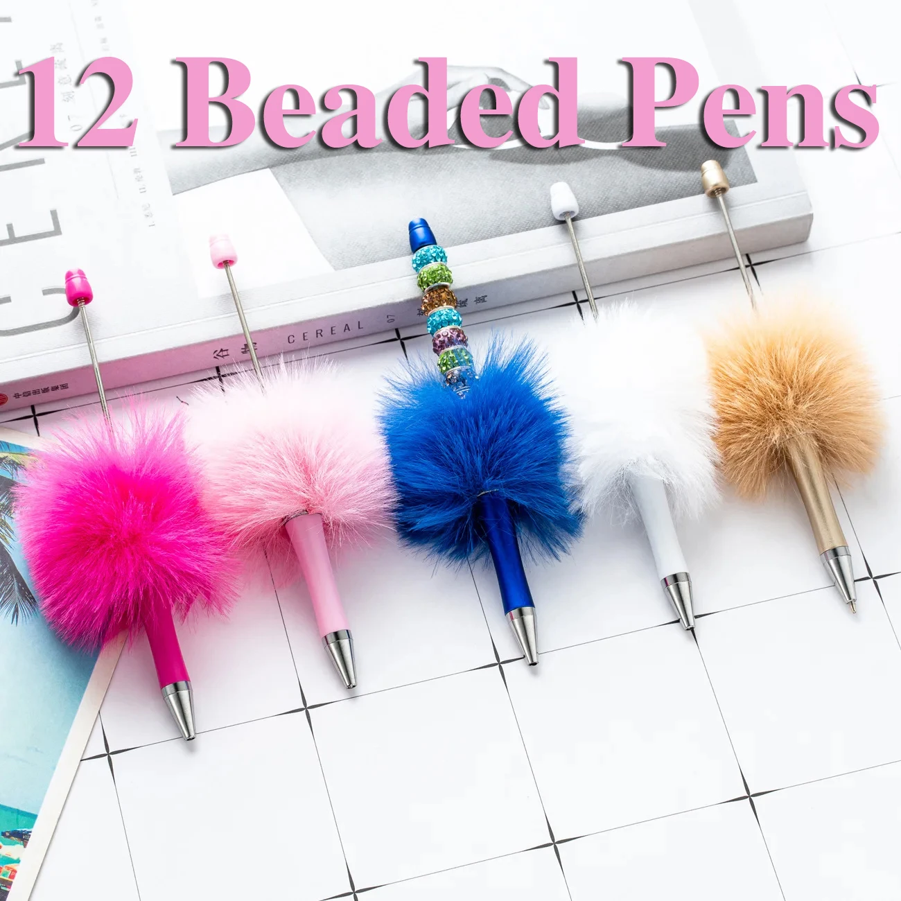 

12Pcs Plush Ballpoint Pen Ball Pen for Students Office School Mixed Colors Beads Pens