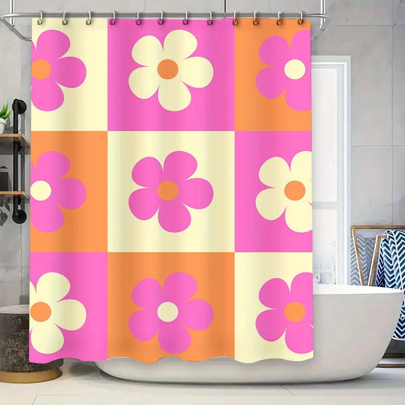 

Занавеска для душа с ярким цветочным принтом, розовый, желтый, с квадратным принтом для декора ванной комнаты, водонепроницаемая ткань с крючками, размер: 72 x 84 дюйма