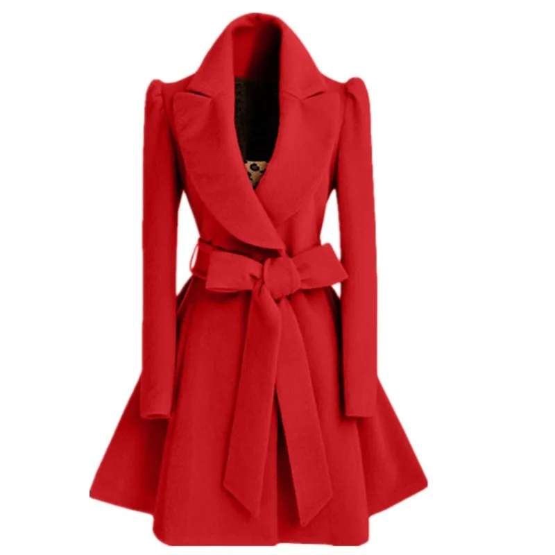 European Belted Wool Coat Women's Slim Fit Trench Casual Overcoat