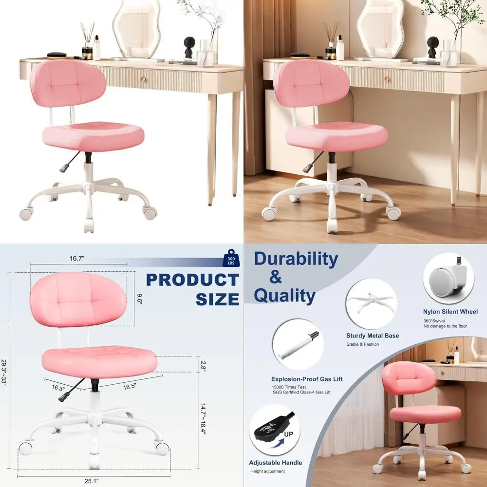 

Compact Swivel Desk Chair with Adjustable Height, Armless, Lumbar Support, and PU Leather, Ideal for Home Office, Pink