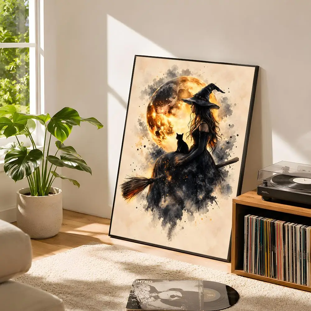 Moonlit Witch And Black Cat Poster Self Adhesive Matte Wall Art Removable Home Room Decoration