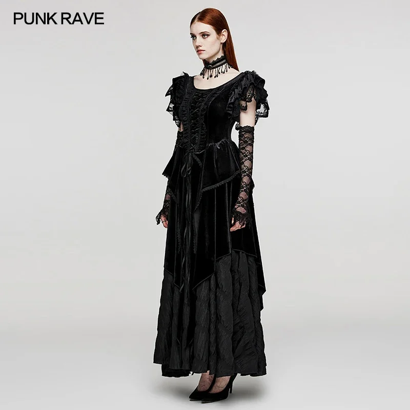 PUNK RAVE Women\'s Gothic Pointed Velvet Symmetrical Dress Skirt  Party Club Long Dresses Women Clothing Pair with Lace Gloves