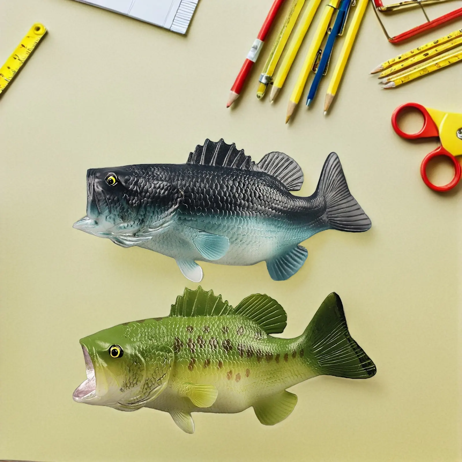 2Pcs Bass Fish Simulation Animal Sculpture Realistic Plastic Large Mouth Bass for Home Decor Desk Teaching Aid Fish Statue