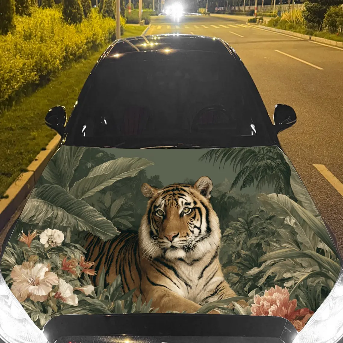 Car Decal Tiger with Tropical Foliage & Multicolored Flowers Artistic Background & Ferocious-Botanical Aesthetic Car Hood Sticke