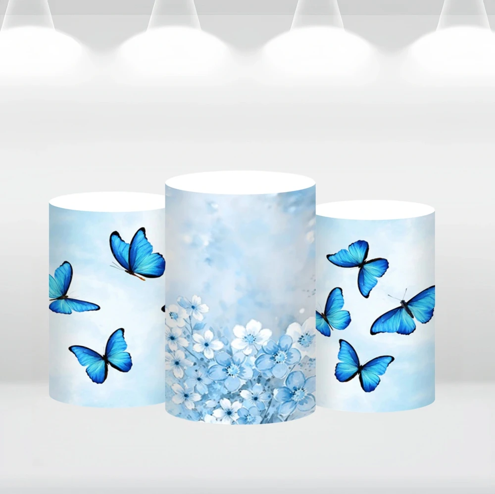 Butterfly Birthday Cylinder Plinth Backdrop Covers Watercolor Flowers Baby Shower Wedding Plinth Stand Spandex Tablecloth Covers