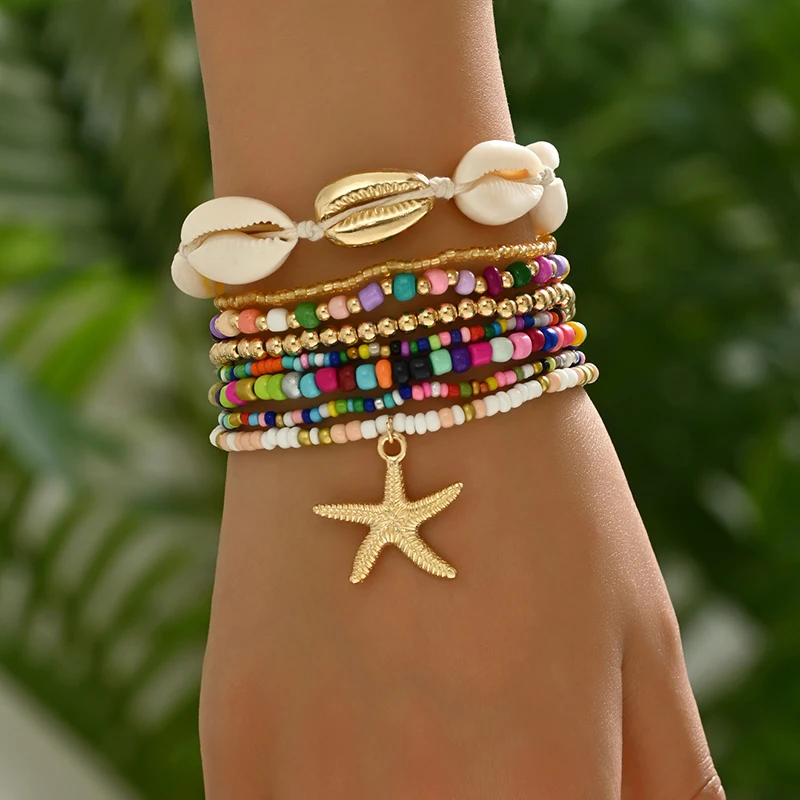 7Pcs Bohemian Style Starfish Shell Hand Woven Bracelet For Women Girls Fashion Beaded Bracelet Summer Beach Vacation Accessories