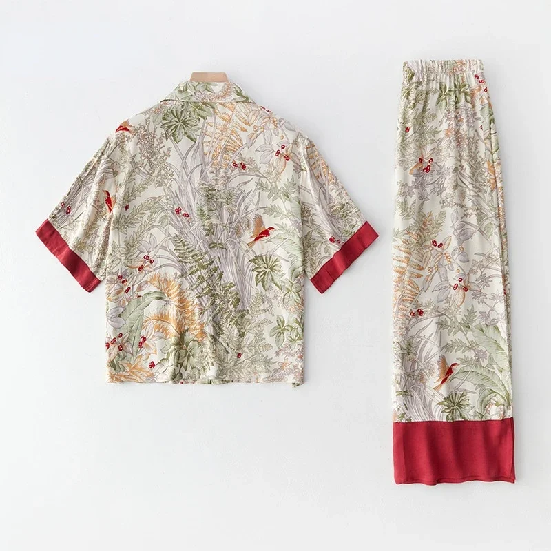 우아한 비스코스 파자마 세트 여성용 반팔/긴팔 새 프린트 파자마 실키 소프트 라운지웨어 선물용 럭셔리 실키 새틴 2피스