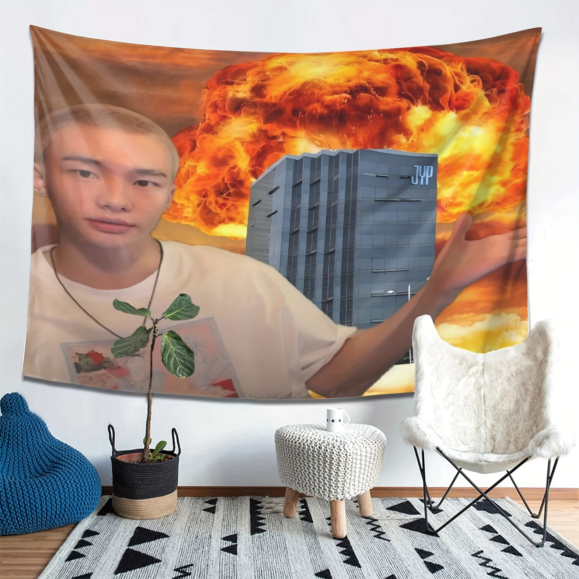 Funny Hyunjin JYPE building on fire meme Tapestry Wall Art Cool Room Stuff Room Decoration Accessories Gift For Friends